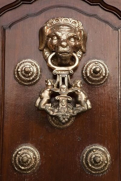 South America, Peru, Historic Centre of Lima. Ornate door knocker on the Basilica Cathedral