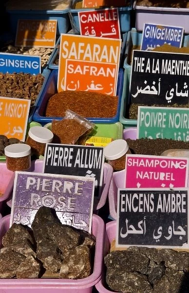 Spice market with spices for sale in Gabes market in Tunisia Africa