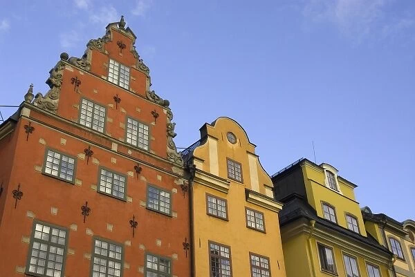 Sweden. Stockholm. Gamla Stan. Colorful buildings lining the Stortorget