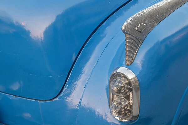 Detail of trunk and rear fender on blue classic American Buick car in Habana, Havana