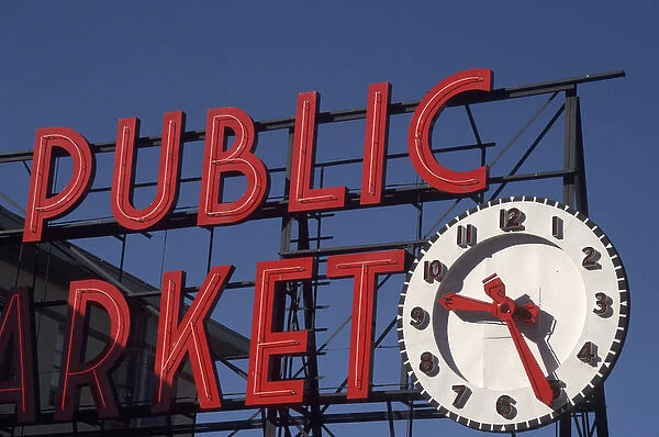 U. S. A. Washington, Seattle Sign and clock at Pike Place Market in downtown Seattle