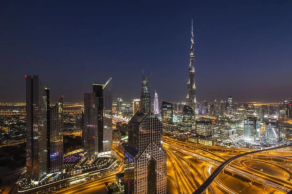 UAE, Dubai, Downtown Dubai, eleavted view over Sheikh Zayed Road and Burj Khalifa Tower
