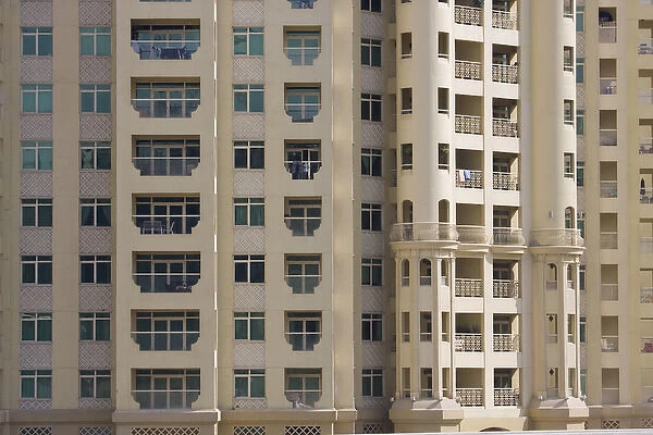 United Arab Emirates, Dubai. Laundry on several balconies of Palm Jumeirah apartment buildings