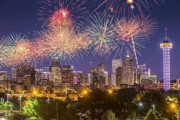 USA, Colorado, Denver. Fireworks over city on July 4th
