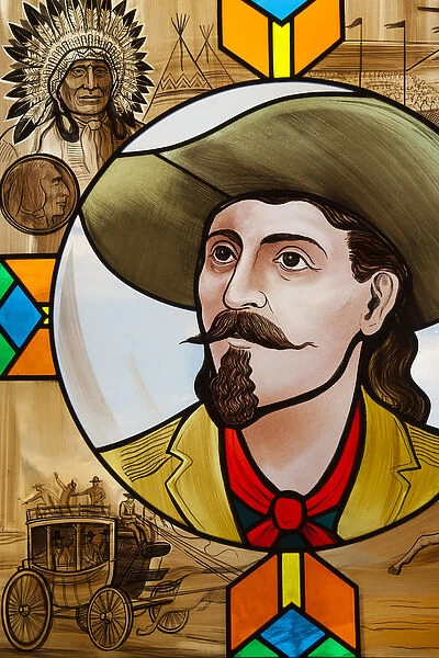 USA, Colorado, Golden, Lookout Mountain, Buffalo Bill Museum, museum stained glass window