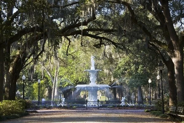 USA, Georgia, Savannah. Fountain in Forsyth Park. Water sprays from mythical sea