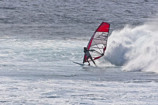 USA, Hawaii, Maui, Hookipa Beach Park. Man windsurfing in front of wave. Credit as