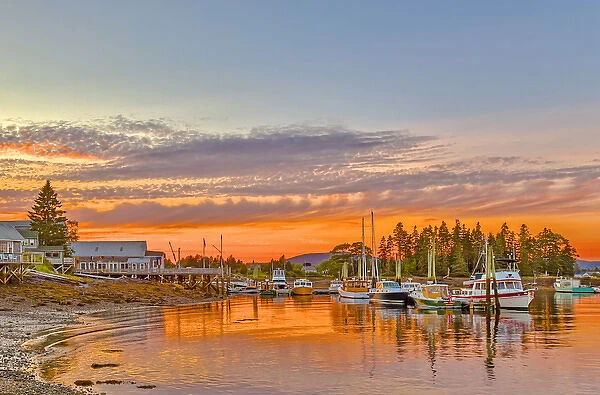 USA, Maine, Acadia, Bass Harbor. Boats rest in harbor at sunset