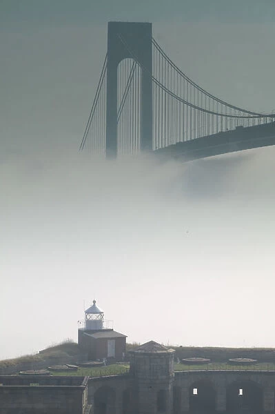 USA-New York-New York City-Staten Island: Verrazano-Narrows Bridge in Morning Fog