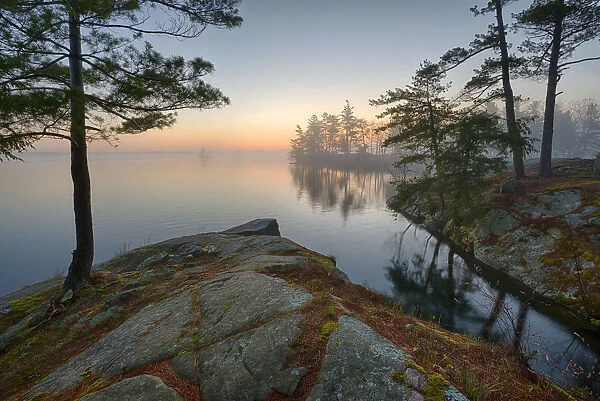 USA, New York State. April sunrise along the St. Lawrence River, Thousand Islands