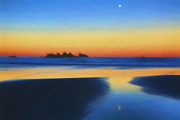 USA, Oregon, Bandon. Painterly abstract of beach moonset at sunrise