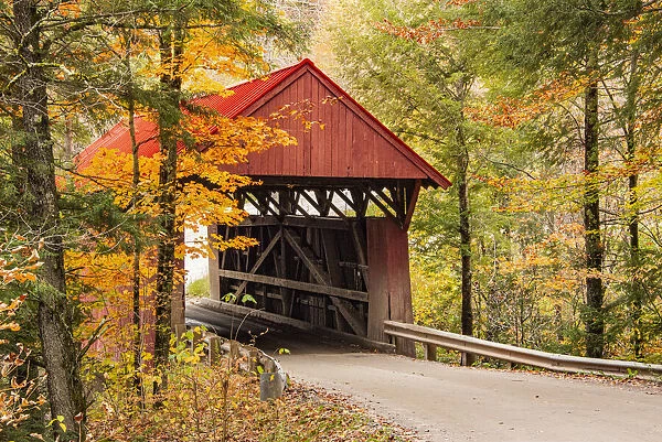 USA, Vermont, Stowe, Sterling Valley Road covered bridge in fall foliage