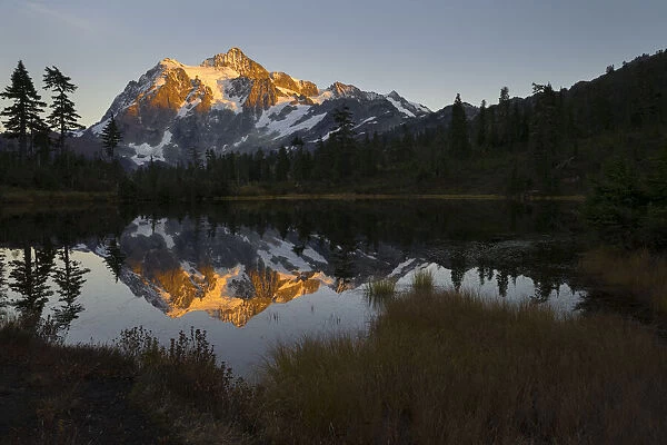 USA, Washington State. Glaciated Mt. Shuksan reflected in Picture Lake, Mt
