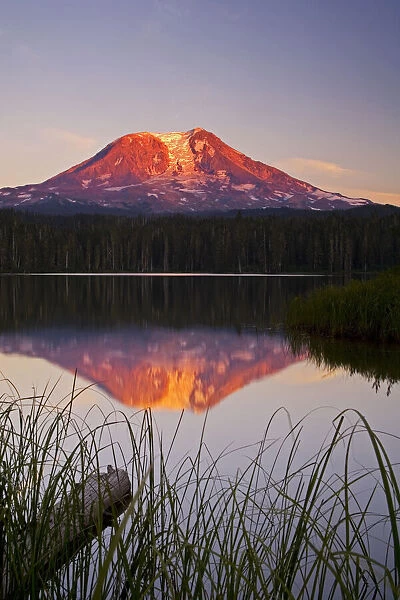 USA, Washington State, Sunset on Mt. Adams reflecting in Lake Takhlakh