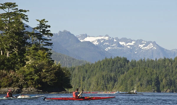 Vancouver Island, Tofino. Sea kayakers with snow covered mountains of Strathcona