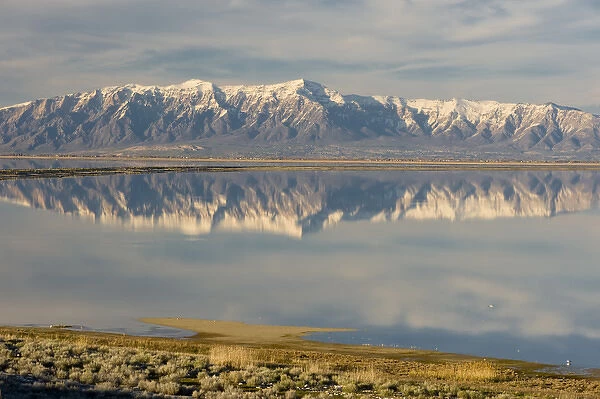View from Antelope Island Causeway of Great Salt Lake and Northern Wasatch Mountains