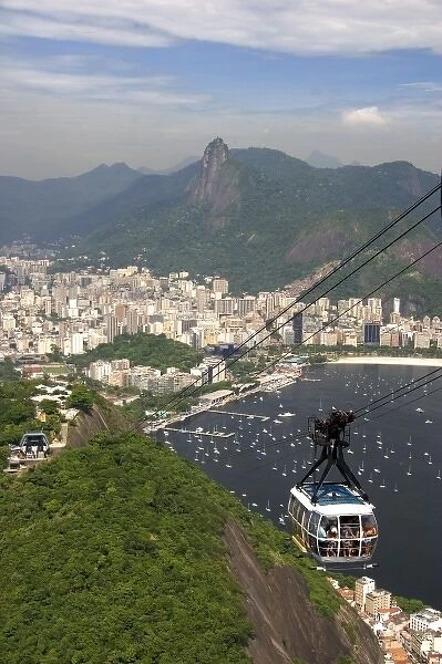 View of Rio de Janeiro and a cable car on Sugarloaf Peak, Brazil