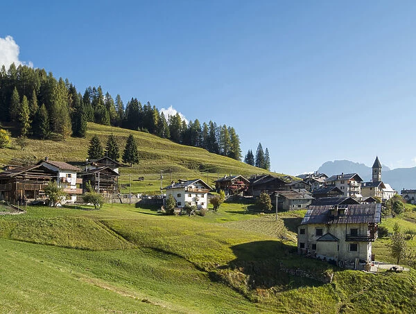 Village Sappade, traditional alpine architecture in valley Val Biois, Italy