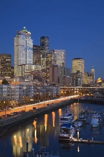 WA, Seattle, Seattle skyline from Pier 66 with Elliott Bay