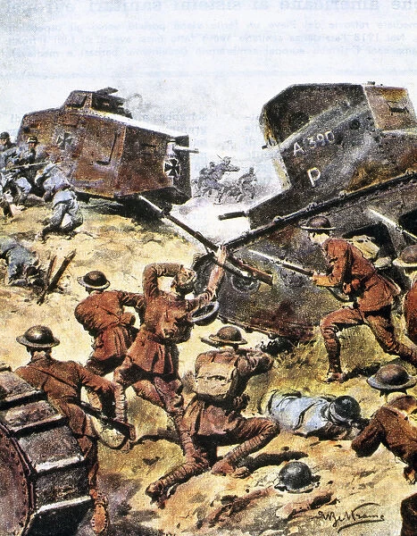 World War I (1914-1918). Battle between Allied and German tanks in May 1918