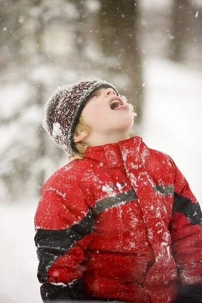 A young boy catches snowflakes with his mouth during a snowstorm in Portsmouth, New Hampshire