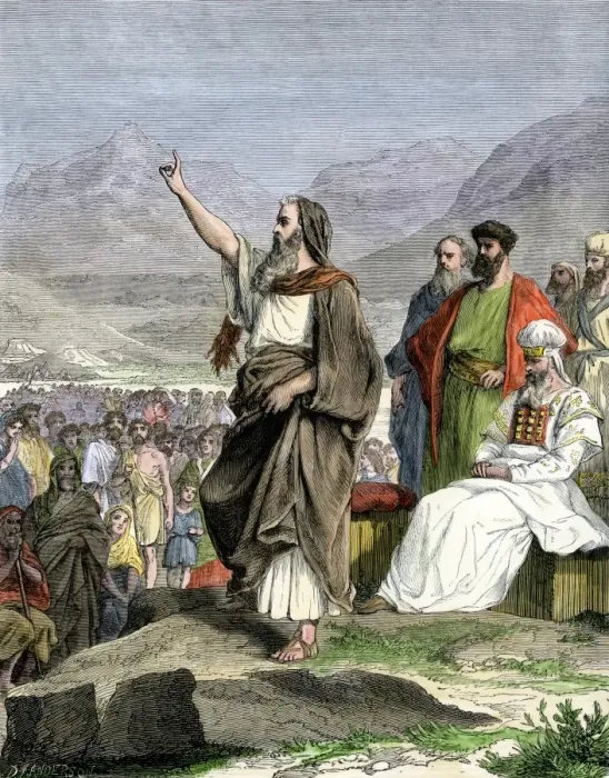Framed Print : Hand-colored woodcut print of Moses reciting the Ten Commandments Framed Print : Hand-colored woodcut print of Moses reciting the Ten Commandments