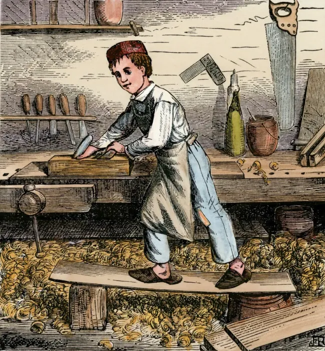 Framed Print : Hand-colored woodcut Print of Apprentice Carpenter Framed Print : Hand-colored woodcut Print of Apprentice Carpenter