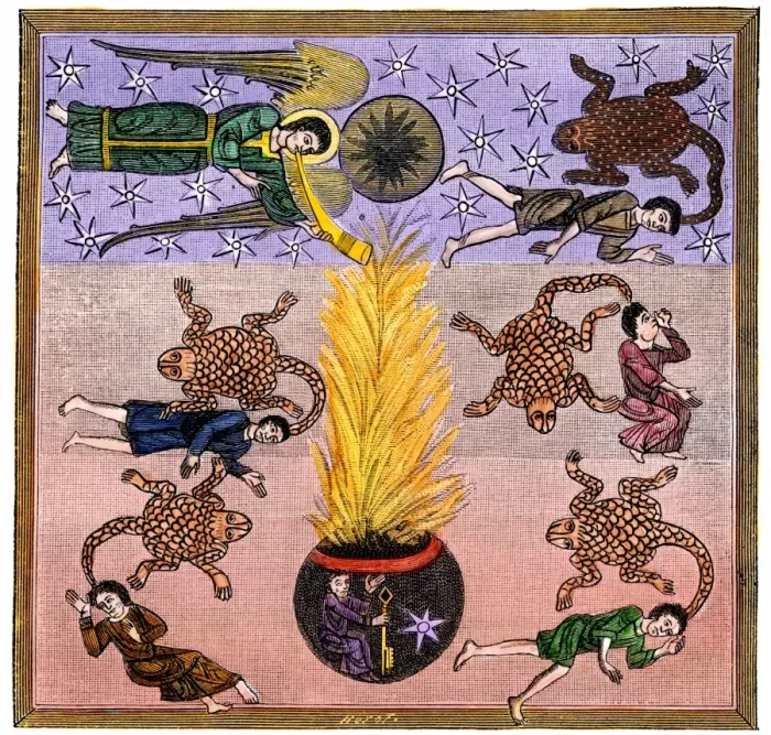 Framed Print : Hand-colored woodcut print of Scorpions ascending from Hell Framed Print : Hand-colored woodcut print of Scorpions ascending from Hell