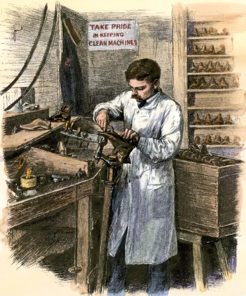 Working in a shoe factory, late 1800s