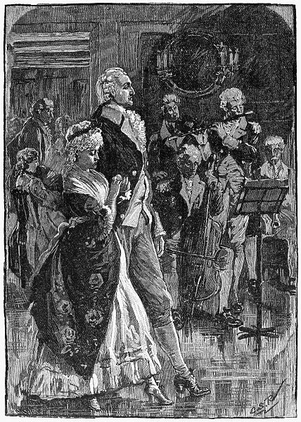 (1732-1799). 1st President of the United States. President Washington attending a ball with his wife Martha. Wood engraving, American, 1882, after Charles Stanley Reinhart