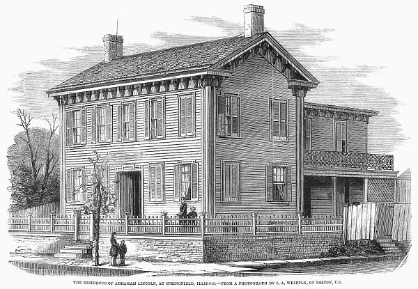 (1809-1865). 16th President of the United States. Abraham Lincolns home at Springfield, Illinois. Lincoln can be seen with his sons, Willie and Tad. Wood engraving, after a photograph taken during the summer of 1860 by John Adams Whipple