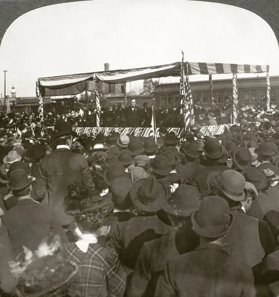 (1843-1901). 25th President of the United States. President McKinley giving a speech at Waukegan, Illinois, during his Western Tour in October 1899
