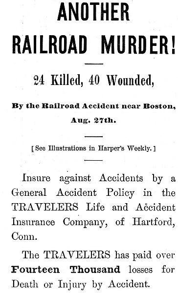 ACCIDENT INSURANCE, 1871. American newspaper advertisement of 1871 for the Travelers Life
