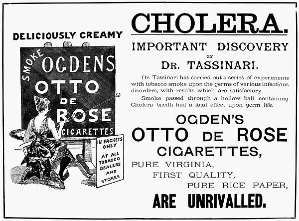 An advertisement by an English cigarette manufacturer attempting to capitalize on the cholera epidemic at Hamburg, Germany, in 1892