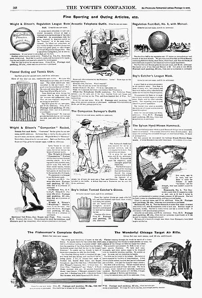 AD: SPORTING GOODS, 1890. American magazine advertisements for sporting goods, 1890