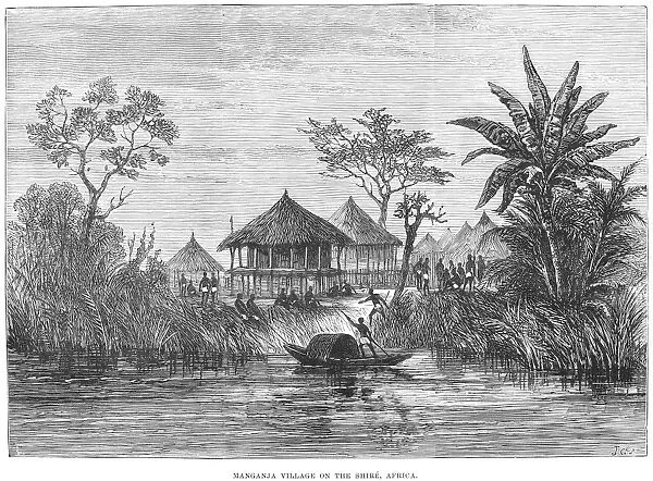 AFRICAN VILLAGE, 1878. Manganja village on the Shire River, East Africa. Wood engraving, English, 1878