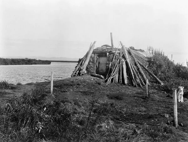 ALASKA: ESKIMO HOUSE. A log and sod hut on the banks of the Selawik River, Alaska