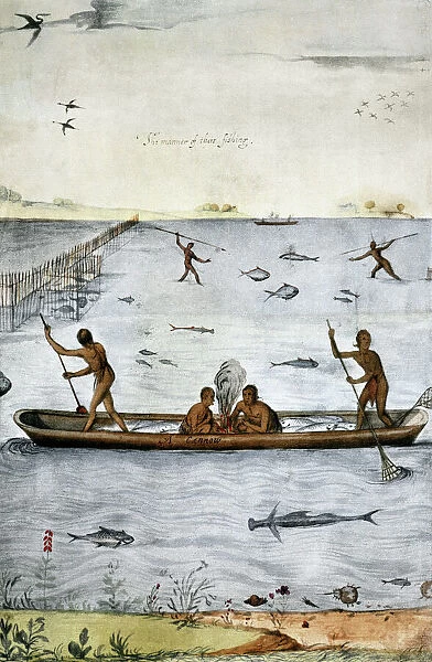ALGONQUIAN: FISHING, 1585. Carolina Algonquian Native Americans fishing. Watercolor