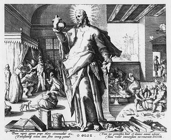 Allegory of the Physician as God. Copper engraving, 1587, by the studio of Hendrik Goltzius (1558-1617)