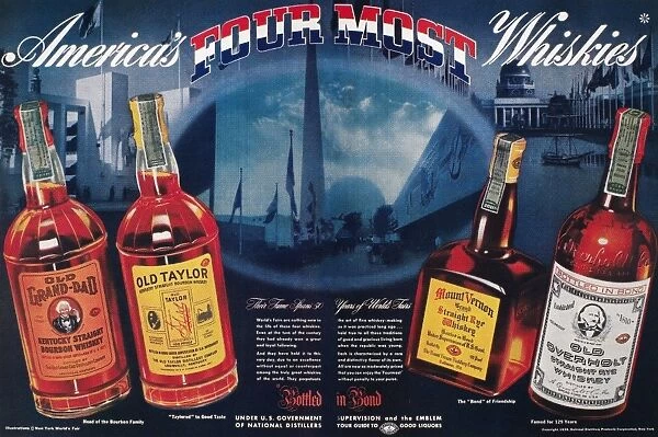 American advertisement for Old Grand-Dad, Old Taylor, Mount Vernon, and Old Overholt whiskeys, 1939