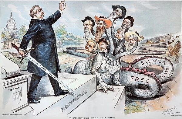 American cartoon, 1895, by Louis Dalrymple of President Grover Cleveland defying the Congressional silver bugs of the hydra-headed Free Silver movement
