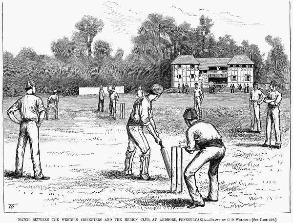 AMERICAN CRICKET, 1882. Match between the Western Cricketers and the Merion Club, at Ardmore, Pennsylvania. Wood engraving, American, 1882