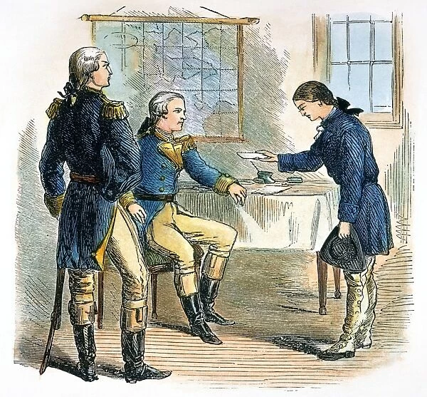 American Revolutionary soldier. Sampson presenting a letter of commendation in her behalf, from her commanding officer, to General George Washington, from whom she later received an honorable discharge from the Continental Army. Line engraving, 19th century