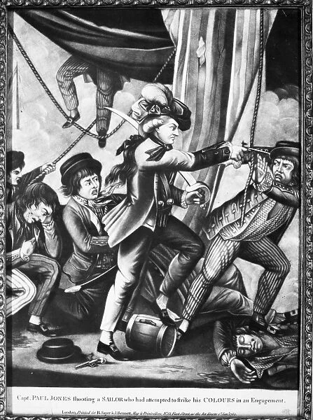 American (Scottish-born) naval commander. Jones shooting a sailor who had attempted to strike his colors during an engagement. Mezzotint, English, 1780