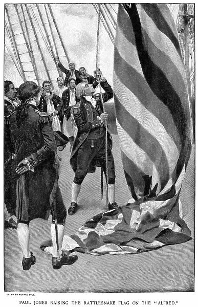 American (Scottish-born) naval commander. Jones raising the rattlesnake flag on the Continental Navy ship Alfred, 3 December 1775. Wood engraving, American, 1895, after Howard Pyle