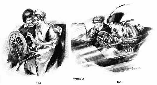 AUTOMOBILE CARTOON, 1914. Wheels. American magazine cartoon, 1914