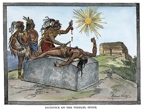 AZTEC RITUAL SACRIFICE. Aztec priests performing the sacrifice of a human heart to the sun
