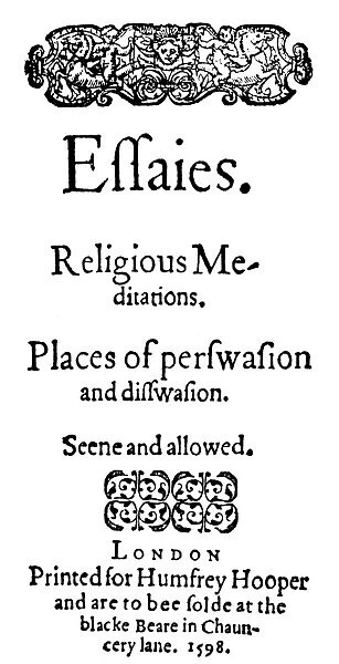 BACON: TITLE-PAGE, 1598. Title-page of the first edition of Sir Francis Bacons Essaies