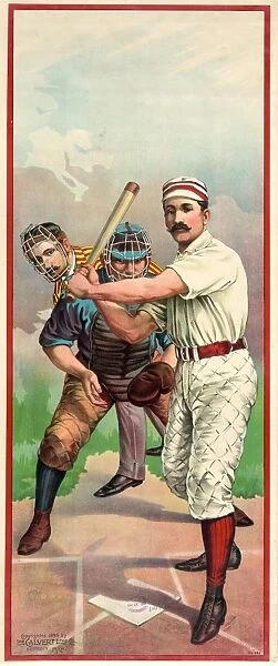 BASEBALL PLAYER, c1895. A baseball player in front of a catcher and umpire. American lithograph poster, c1895