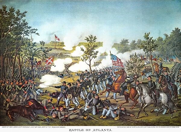 BATTLE OF ATLANTA, 1864. Death of Union General James B. McPherson at the Battle of Atlanta, 22 July 1864: lithograph, 1888, by Kurz & Allison